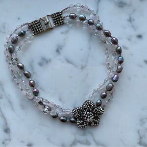Black freshwater pearl, faceted quartz, Swarovski flower necklace 18”